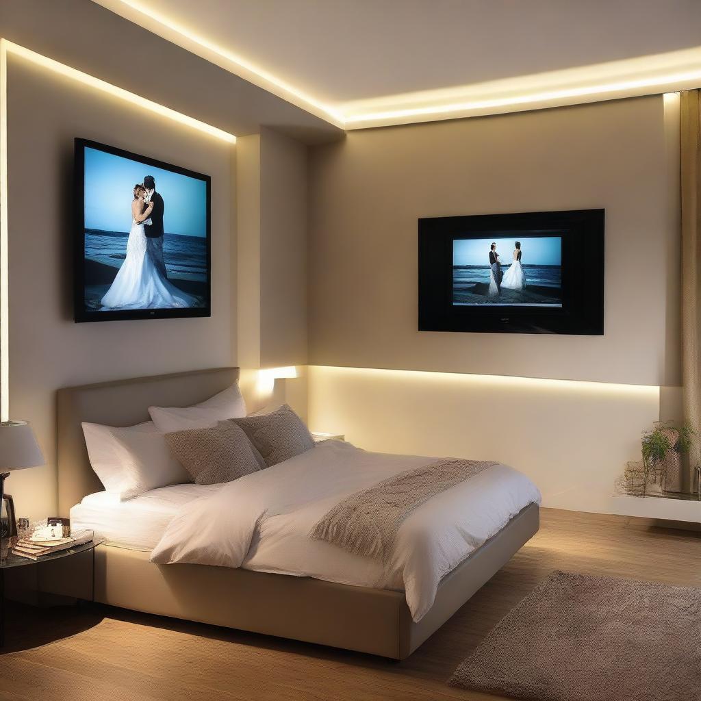 Modern bedroom with a sophisticated music system, a large framed personal photo, dancing LED lights, a 32 inch television set embedded in the wall, and a centrally positioned bed.