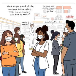 A simple, illustrative drawing depicting various challenges faced during the COVID-19 pandemic