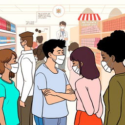 A simple, illustrative drawing depicting various challenges faced during the COVID-19 pandemic