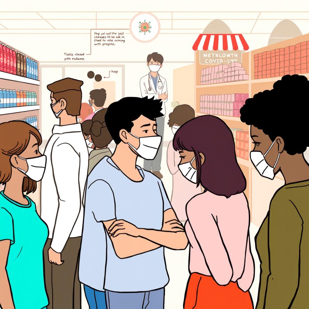 A simple, illustrative drawing depicting various challenges faced during the COVID-19 pandemic