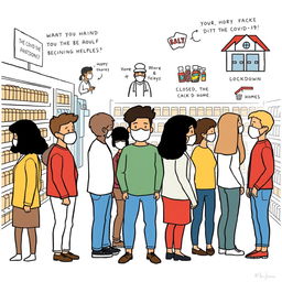 A simple, illustrative drawing depicting various challenges faced during the COVID-19 pandemic