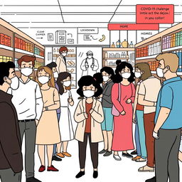 A simple, illustrative drawing depicting various challenges faced during the COVID-19 pandemic