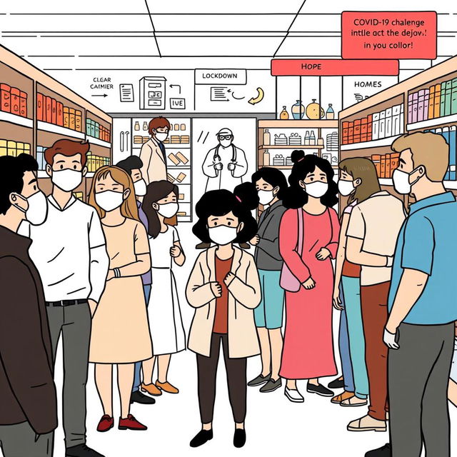 A simple, illustrative drawing depicting various challenges faced during the COVID-19 pandemic