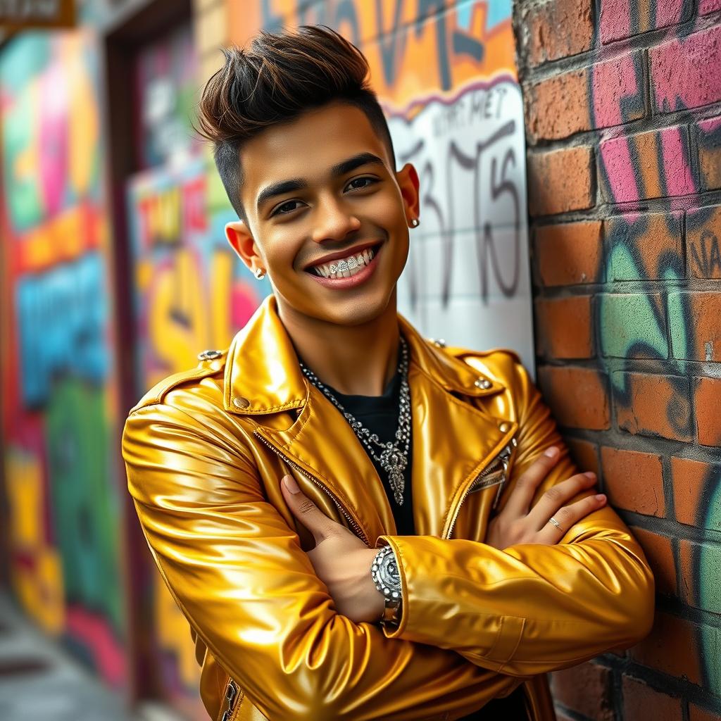 A stylish young man wearing a flashy outfit that exudes confidence and flair, prominently showcasing diamond grills on his teeth