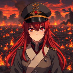 A female anime general of the Japanese imperial court during the Second World War, depicted with long red hair that flows like flames, staring confidently with striking orange eyes that resemble the hues of dusk