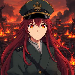 A female anime general of the Japanese imperial court during the Second World War, depicted with long red hair that flows like flames, staring confidently with striking orange eyes that resemble the hues of dusk