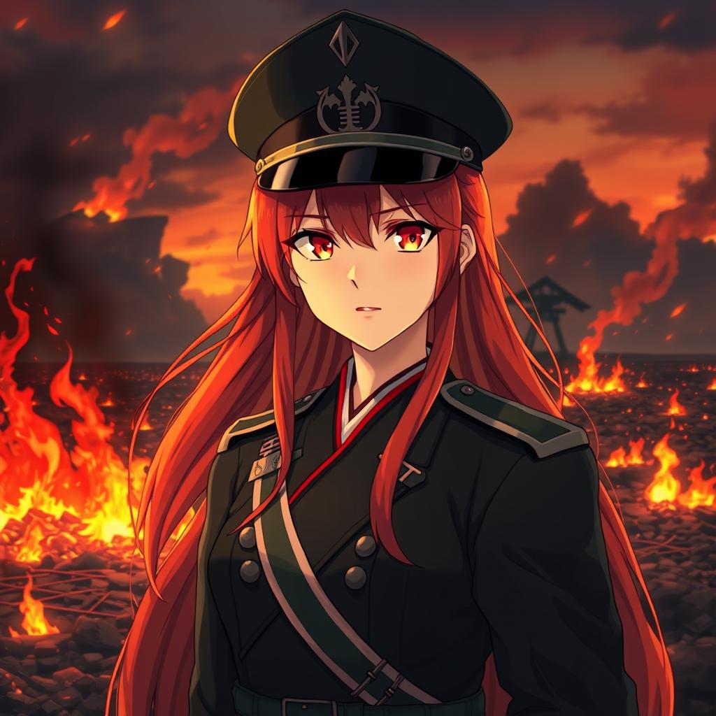 A female anime general of the Japanese imperial court during the Second World War, depicted with long red hair that flows like flames, staring confidently with striking orange eyes that resemble the hues of dusk