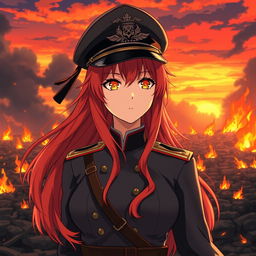 A female anime general of the Japanese imperial court during the Second World War, portrayed with long red hair cascading like flames, gazing confidently with bright orange eyes that evoke the colors of dusk