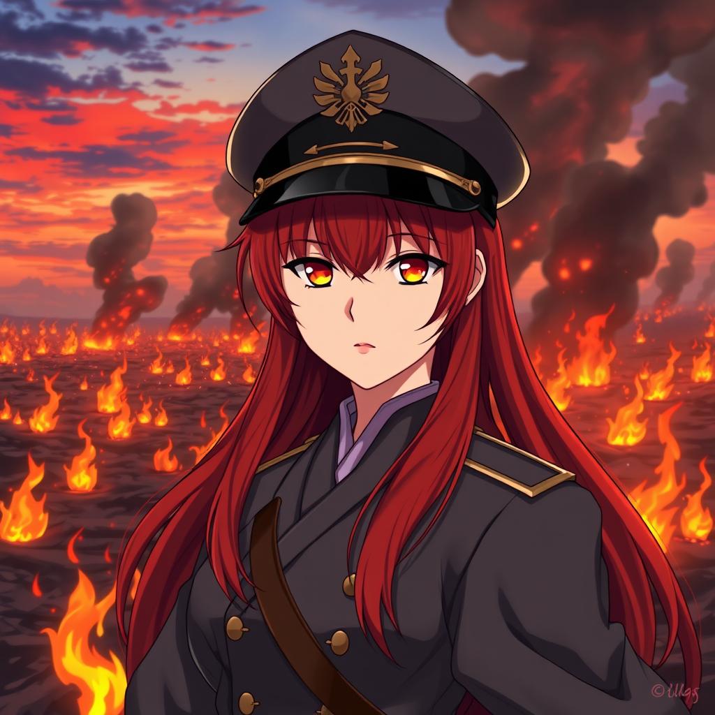 A female anime general of the Japanese imperial court during the Second World War, portrayed with long red hair cascading like flames, gazing confidently with bright orange eyes that evoke the colors of dusk