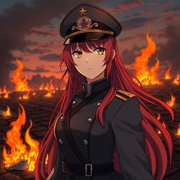 A female anime general of the Japanese imperial court during the Second World War, portrayed with long red hair cascading like flames, gazing confidently with bright orange eyes that evoke the colors of dusk