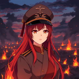 A female anime general of the Japanese imperial court during the Second World War, portrayed with long red hair cascading like flames, gazing confidently with bright orange eyes that evoke the colors of dusk