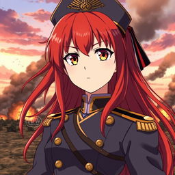 A female anime general of the Japanese imperial court during the Second World War, featuring long red hair that resembles flames and striking orange eyes like the colors of dusk
