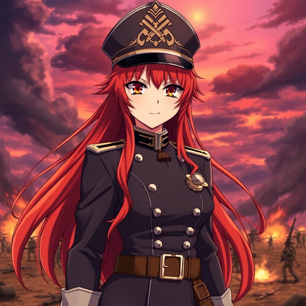 A female anime general of the Japanese imperial court during the Second World War, featuring long red hair that resembles flames and striking orange eyes like the colors of dusk