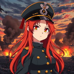 A female anime general of the Japanese imperial court during the Second World War, featuring long red hair that resembles flames and striking orange eyes like the colors of dusk