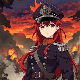 A female anime general of the Japanese imperial court during the Second World War, featuring long red hair that resembles flames and striking orange eyes like the colors of dusk