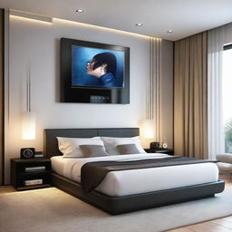 Modern bedroom with a sophisticated music system, a large framed personal photo, dancing LED lights, a 32 inch television set embedded in the wall, and a centrally positioned bed.