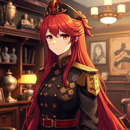 A female anime general of the Japanese imperial court during the Second World War, featuring an elaborate military uniform adorned with traditional elements