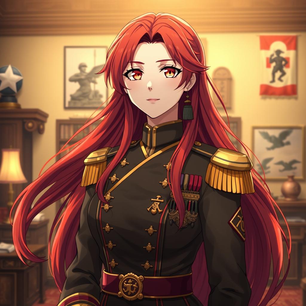 A female anime general of the Japanese imperial court during the Second World War, featuring an elaborate military uniform adorned with traditional elements