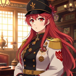 A female anime general of the Japanese imperial court during the Second World War, featuring an elaborate military uniform adorned with traditional elements