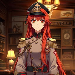A female anime general of the Japanese imperial court during the Second World War, featuring an elaborate military uniform adorned with traditional elements