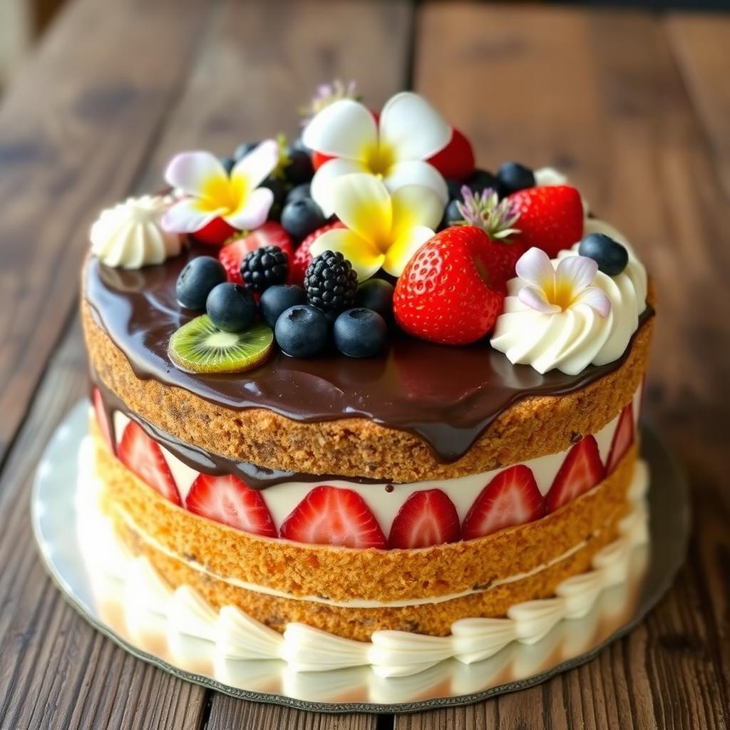 A beautifully decorated baye cake, featuring a traditional fluffy sponge layered with rich chocolate and vanilla creams