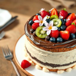 A beautifully decorated baye cake, featuring a traditional fluffy sponge layered with rich chocolate and vanilla creams