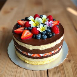 A beautifully decorated baye cake, featuring a traditional fluffy sponge layered with rich chocolate and vanilla creams