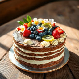 A beautifully decorated baye cake, featuring a traditional fluffy sponge layered with rich chocolate and vanilla creams
