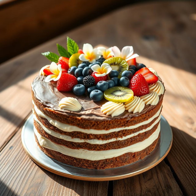 A beautifully decorated baye cake, featuring a traditional fluffy sponge layered with rich chocolate and vanilla creams