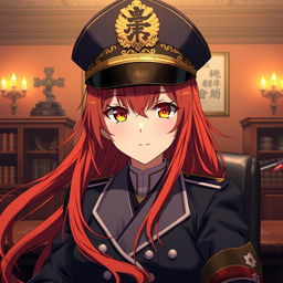 A female anime general of the Japanese imperial court during the Second World War, wearing a detailed military hat that features traditional insignia