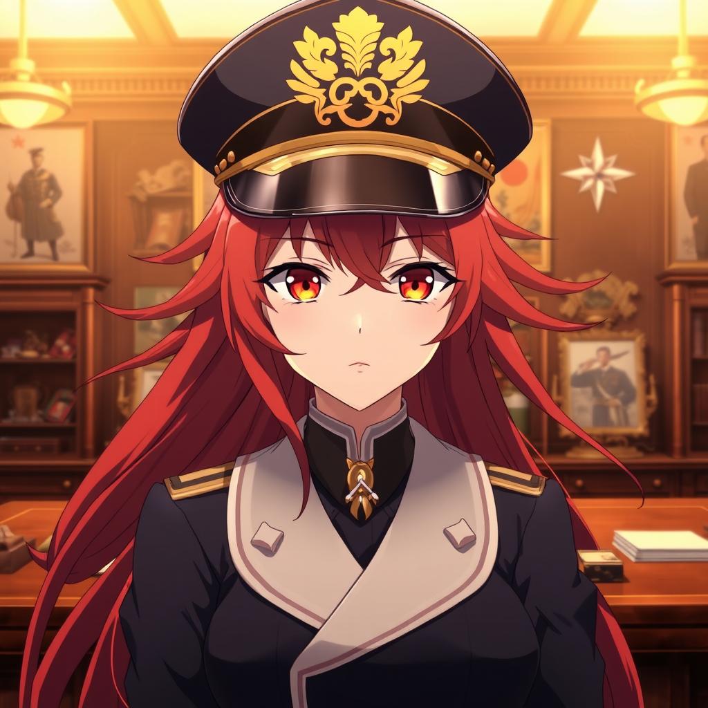 A female anime general of the Japanese imperial court during the Second World War, wearing a detailed military hat that features traditional insignia