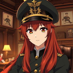 A female anime general of the Japanese imperial court during the Second World War, wearing a detailed military hat that features traditional insignia