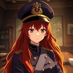 A female anime general of the Japanese imperial court during the Second World War, wearing a detailed military hat that features traditional insignia