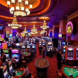 A vibrant and bustling casino scene filled with colorful slot machines and poker tables, illuminated by dazzling lights and neon signs