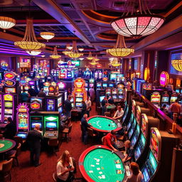 A vibrant and bustling casino scene filled with colorful slot machines and poker tables, illuminated by dazzling lights and neon signs