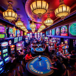 A vibrant and bustling casino scene filled with colorful slot machines and poker tables, illuminated by dazzling lights and neon signs