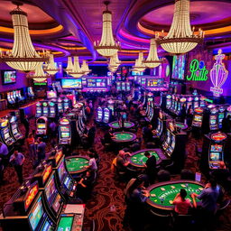 A vibrant and bustling casino scene filled with colorful slot machines and poker tables, illuminated by dazzling lights and neon signs
