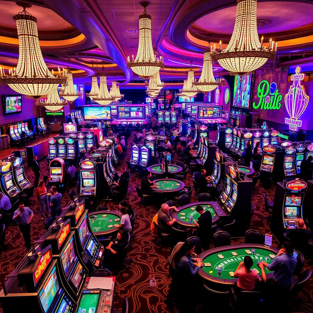 A vibrant and bustling casino scene filled with colorful slot machines and poker tables, illuminated by dazzling lights and neon signs