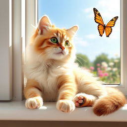 A cute baye cat, featuring a fluffy coat in shades of cream and light brown, lounging comfortably on a soft, sunny windowsill