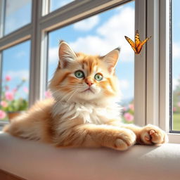 A cute baye cat, featuring a fluffy coat in shades of cream and light brown, lounging comfortably on a soft, sunny windowsill