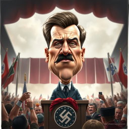 A political caricature depicting the likeness of Kier Starmer with exaggerated features similar to those of Adolf Hitler, emphasizing the iconic attributes such as a distinct hairstyle and mustache