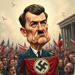 A political caricature depicting the likeness of Kier Starmer with exaggerated features similar to those of Adolf Hitler, emphasizing the iconic attributes such as a distinct hairstyle and mustache
