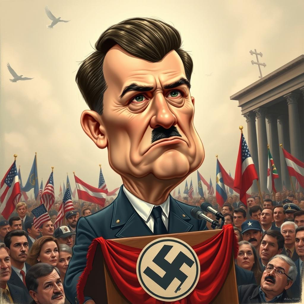 A political caricature depicting the likeness of Kier Starmer with exaggerated features similar to those of Adolf Hitler, emphasizing the iconic attributes such as a distinct hairstyle and mustache