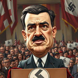 A political caricature depicting the likeness of Kier Starmer with exaggerated features similar to those of Adolf Hitler, emphasizing the iconic attributes such as a distinct hairstyle and mustache