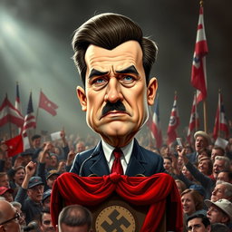 A political caricature depicting the likeness of Kier Starmer with exaggerated features similar to those of Adolf Hitler, emphasizing the iconic attributes such as a distinct hairstyle and mustache