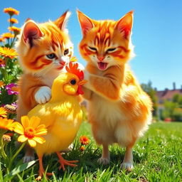 A playful scene featuring a curious cat and a cheerful chicken interacting in a sunny garden