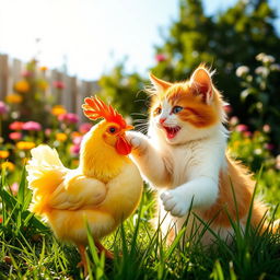 A playful scene featuring a curious cat and a cheerful chicken interacting in a sunny garden