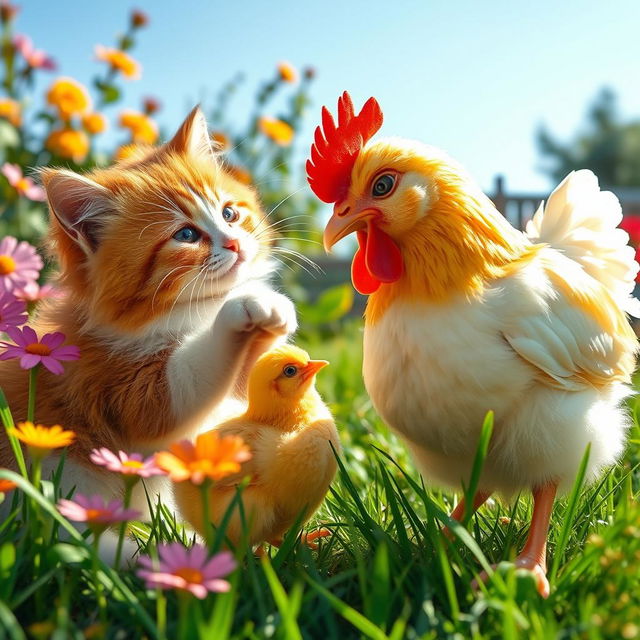 A playful scene featuring a curious cat and a cheerful chicken interacting in a sunny garden