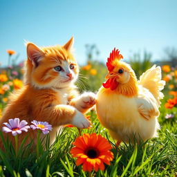 A playful scene featuring a curious cat and a cheerful chicken interacting in a sunny garden