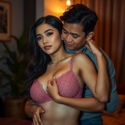 An attractive Indonesian woman in her 30s, curvy and sexy, wearing a cute bra, being gently embraced from behind by a middle-aged man, with a soft and intimate atmosphere, highlighting the connection between them